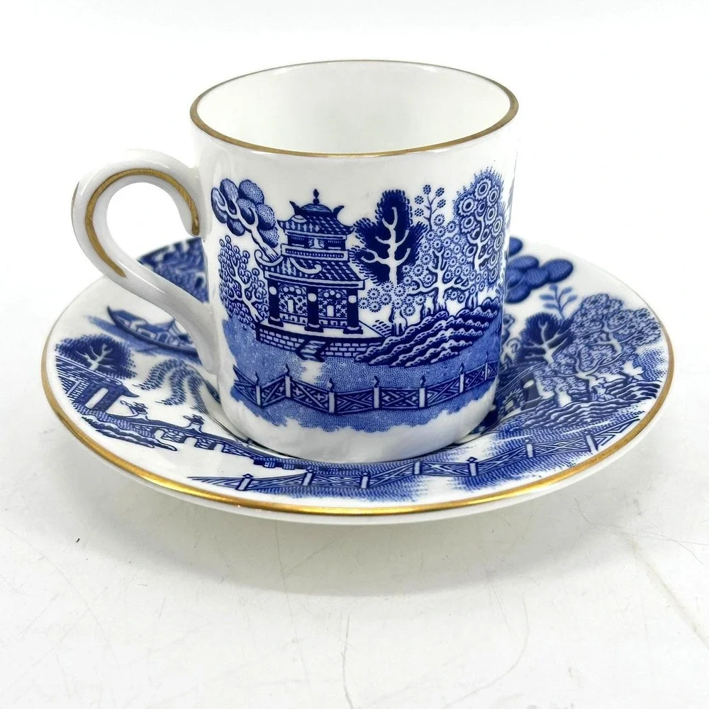 Coalport Blue Willow Demitasse Cup & Saucer Set Bone China Gold Trim - Damaged